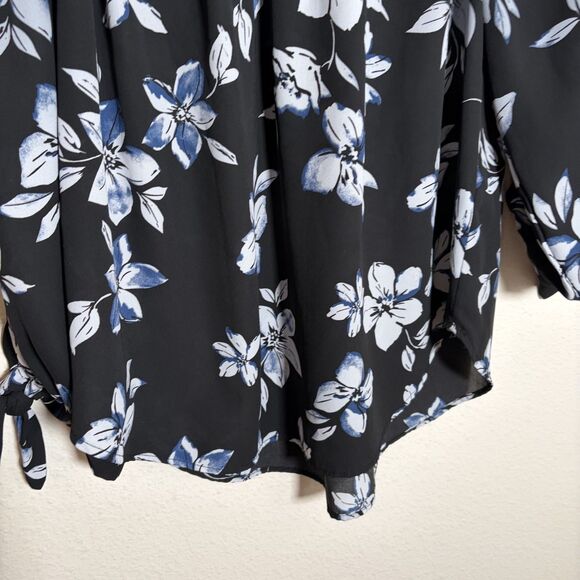 Premise Studio Blouse Women's Large Black Floral 3/4 Sleeve Tie Off the Shoulder - Picture 4 of 9